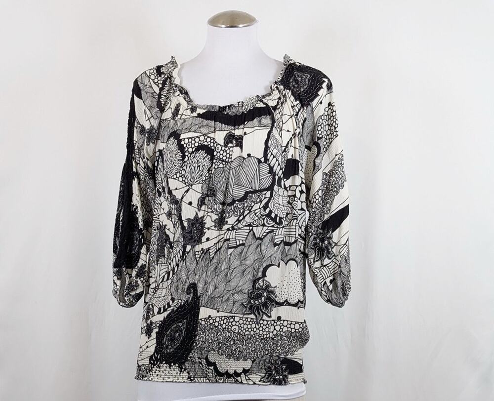 Desigual Top Black White Crinkle Melina Floral Print Peasant Women's Size S